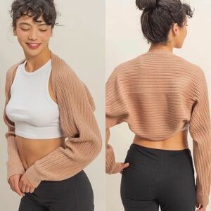 NEW Double Zero Taupe Ribbed Knit Cropped Bolero Cardigan Neutral Layer Large
